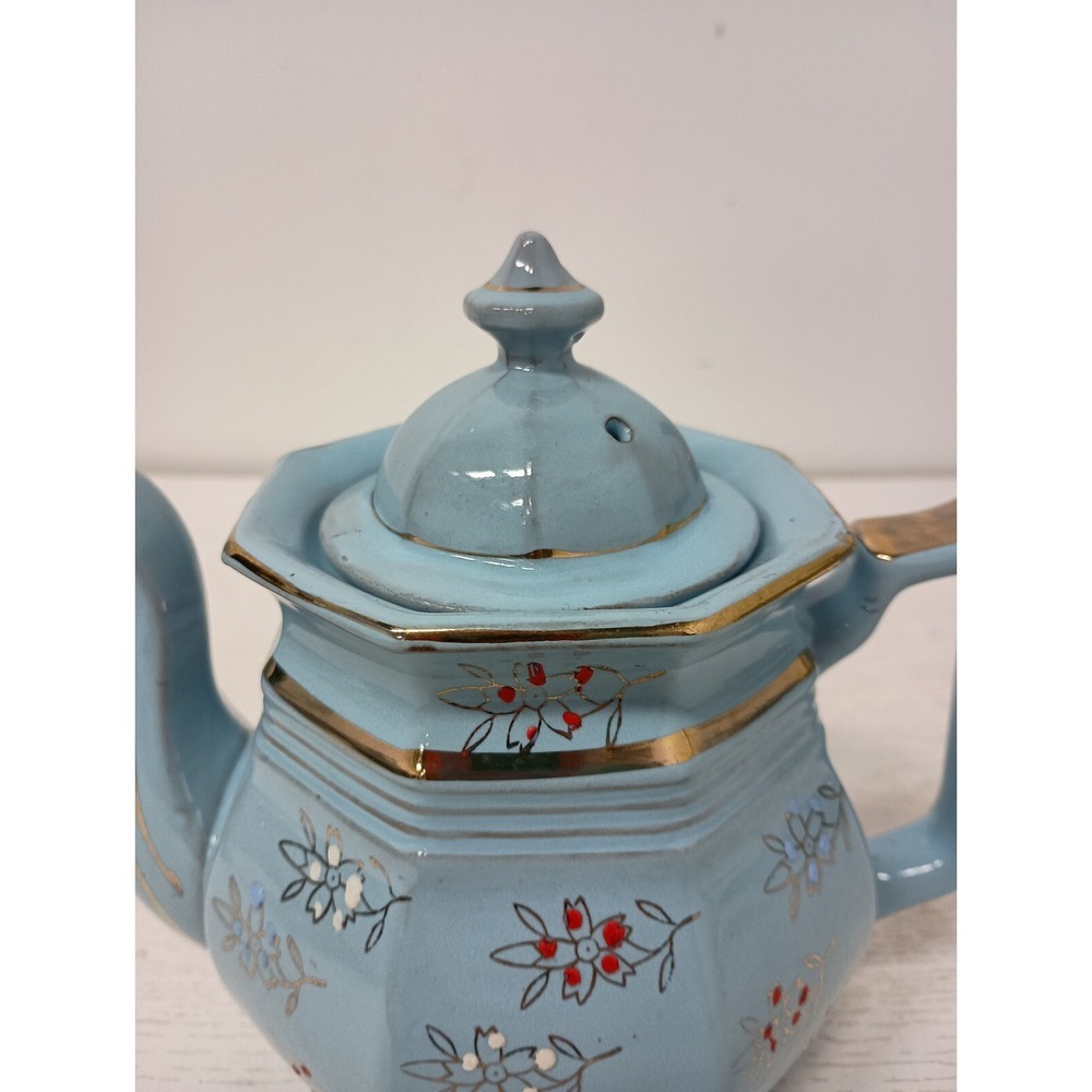 Antique Edwardian Age Price Brothers Redware Teapot Light Blue Gold England - Picture 3 of 13